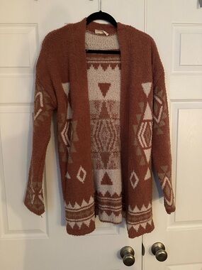 Cozy Geometric Open-Front Women's Sweater Cardigan - Rust/Cream